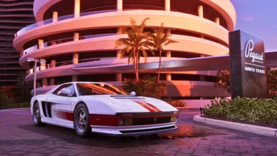 Official GTA VI sports car scene outside a Vice City hotel