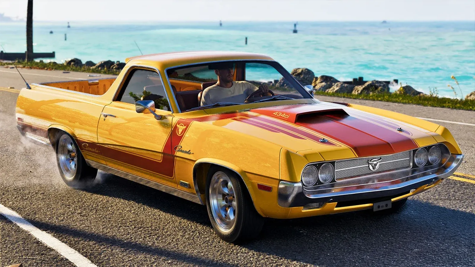A yellow muscle car parked on the Leonida coast road in official GTA VI gameplay footage
