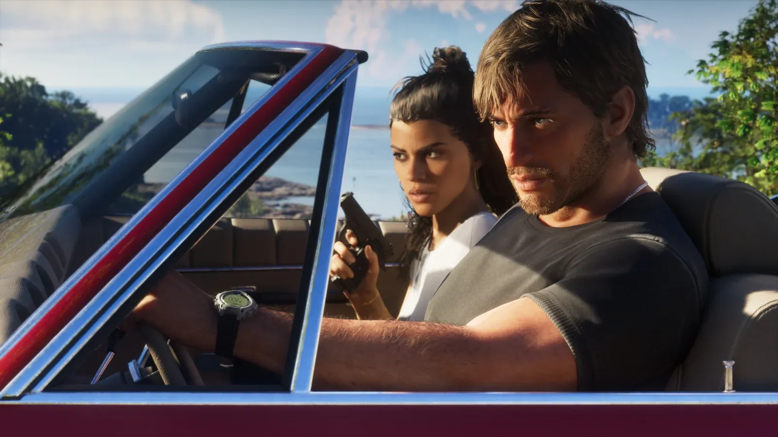 Jason and Lucia exchanging fire from inside a moving car in official GTA VI gameplay footage