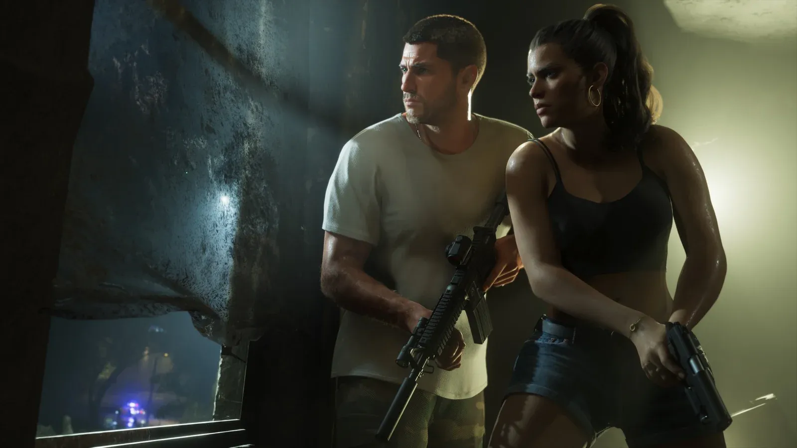 Jason and Lucia armed in a dark interior as police lights glow outside in official GTA VI footage