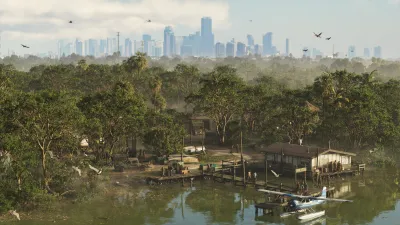 Aerial view of the Leonida map showing Vice City in the distance in official GTA VI footage