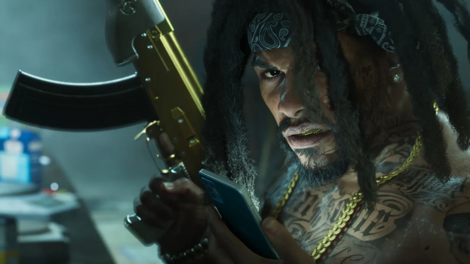 A masked armed NPC shown in official GTA VI gameplay footage