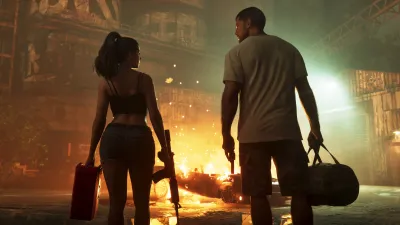 Jason and Lucia carrying duffel bags away from a burning storefront in official GTA VI footage