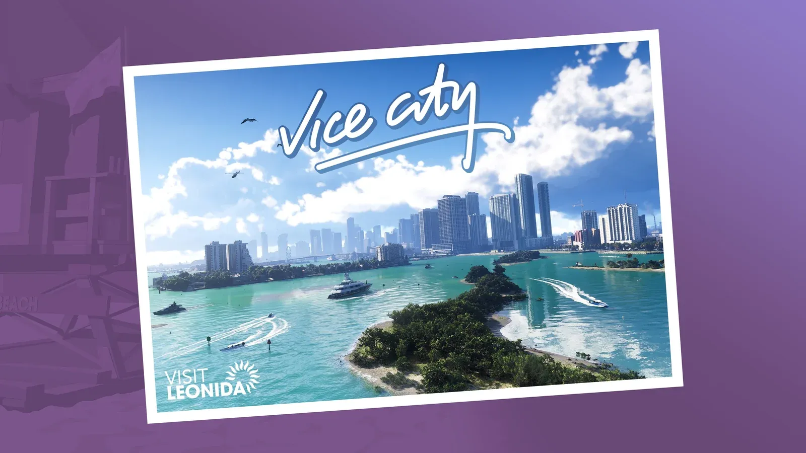 Official GTA VI "Vice City" postcard-style artwork showing the skyline, beach and water