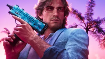 Official GTA VI art of a character holding an SMG on a neon Vice City street, used for the reported-mission evidence index