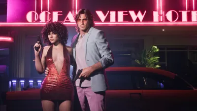 Official GTA VI Vintage Vice City scene outside the Ocean View Hotel