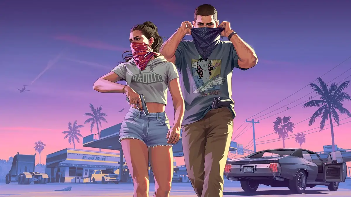 Official GTA VI art of Jason and Lucia wearing masks on a Vice City street with a sedan behind them